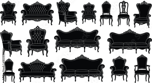 Vintage silhouette collection of classic chairs and sofas with ornate woodwork, tufted upholstery, and elegant antique furniture designs
