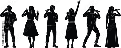 Singer silhouettes performing with microphone on stage isolated on white background, live music concert, vocal performance, entertainment show illustration