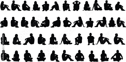 Sitting people silhouettes collection showing relaxed casual poses, men and women seated positions, black human figures isolated illustration set