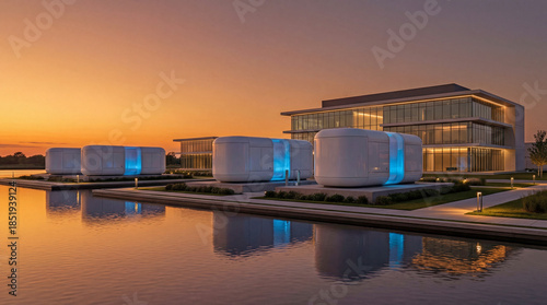 Modern Small Modular Reactor SMR Energy Park Powering Data Center in Green Landscape Concept
