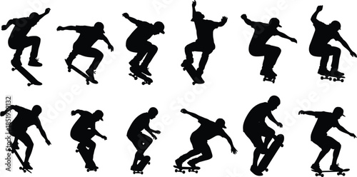 Skateboard trick sequence silhouettes showing skateboarder jump motion isolated on white background, extreme urban street sport action collection design illustration
