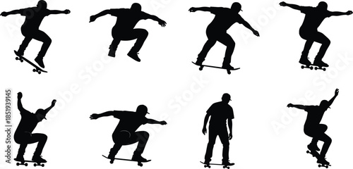 Skateboarder silhouette action sequence, skateboarding tricks ollie jump poses, extreme sports motion collection, isolated black skater figures illustration set vector