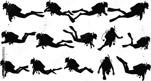 Scuba diver swimming sequence silhouettes showing underwater diving motion isolated on white background, extreme marine sport, ocean exploration action illustration