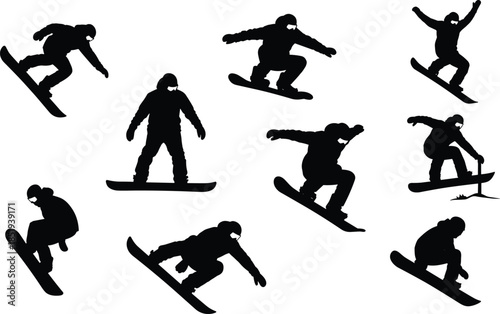 Snowboarder silhouette action sequence, snowboarding jump tricks poses, winter extreme sports collection, isolated black rider figures illustration set, vector, design