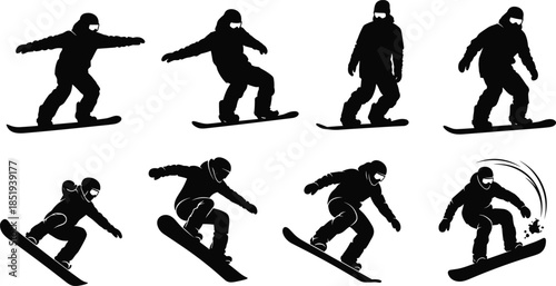 Snowboard trick sequence silhouettes showing snowboarder jump motion isolated on white background, extreme winter sport action collection illustration design