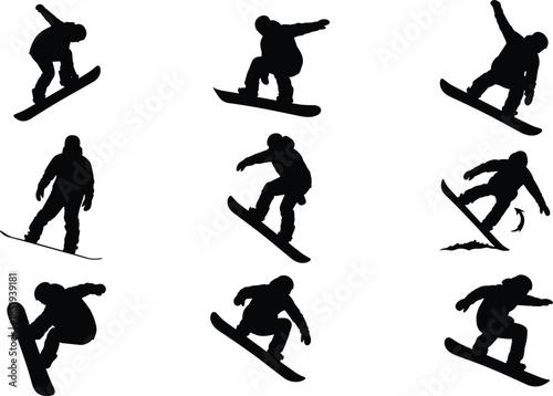 Snowboarder silhouettes performing jumps tricks, winter extreme sport action poses, freestyle snowboarding athlete illustration isolated vector collection dynamic motion black
