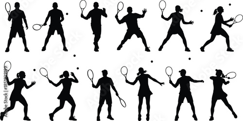 Tennis player silhouettes showing forehand and backhand swing actions isolated on white background, professional sport motion training illustration set