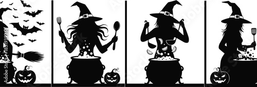 Witch silhouette vector set stirring cauldrons with bats, flying brooms, and potions for Halloween, magical, and spooky design elements