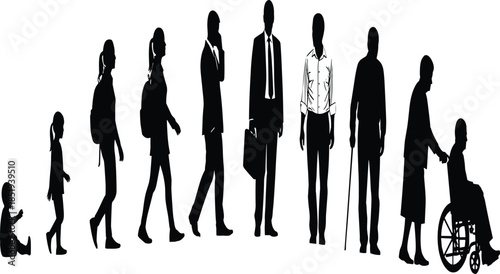 Human life stages silhouettes showing childhood, adulthood, aging, disability, and diversity across generations in modern society illustration concept