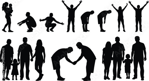 Human life cycle silhouettes showing family moments, body movement, growth, aging, relationships, respect, and emotional stages of everyday life concept illustration
