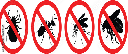 No insects warning symbols silhouettes showing pest control, prohibited bugs, hygiene protection, safety sign, and insect prevention concept illustration