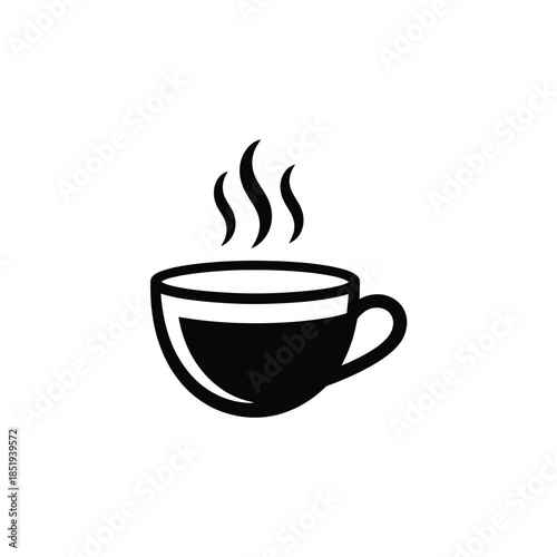 A simple black and white illustration of a steaming cup of coffee