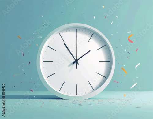 Minimalist office wall clock illustration featuring a black circular dial with hour and minute hands isolated on a blue background business vector icon design