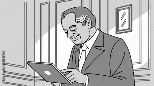 Businessman Smiling at Tablet Illustration.