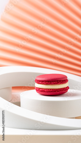 Red macaron dessert on white geometric display with soft pastel background and vibrant colors