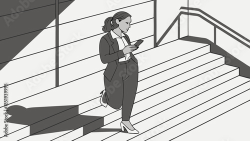 Businesswoman using Smartphone on Staircase.