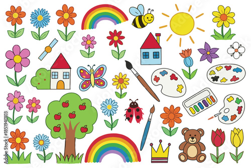 Colorful illustration of children s art supplies and whimsical garden scene