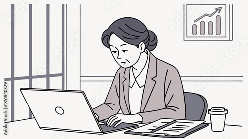 Businesswoman Working on Laptop Office Environment Financial Analysis.