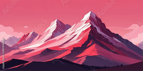 Modern vector illustration of alpine mountains in bold red and pink tones