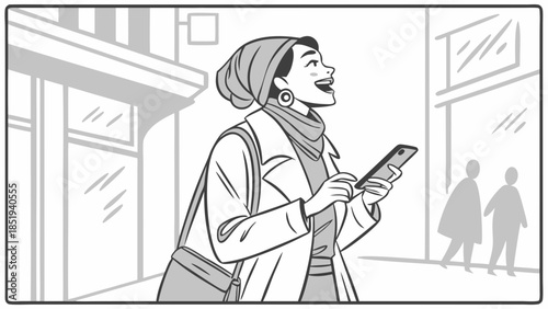 Happy Woman Using Smartphone on Street.