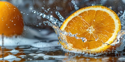 Orange slice in water with splashes and bubbles around it