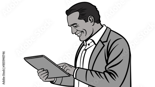Man Looking at Tablet Smiling Business Illustration.