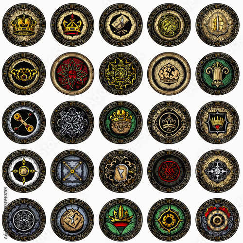 Collection of ornate medieval crests and royal symbols, rendered in a detailed, vintage style on circular emblems.