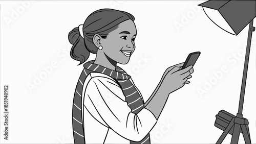 Person looking at smartphone with a studio light.