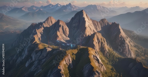 Aerial view of a mountain range with radio transmitters emitting signals,  broadcast, signal,  technology