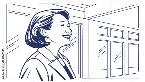 Portrait of a Woman in a Blazer Smiling Beside an Architectural Feature.