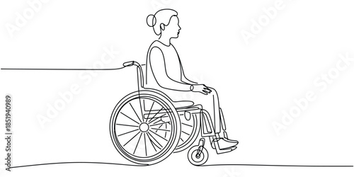Disability woman continuous line drawing, single line art of a girl with broken legs sitting in wheelchair for inclusion and accessibility concept vector illustration.