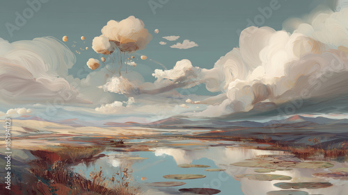 A dreamlike artistic landscape with floating elements, a surreal color palette, and fluffy clouds.