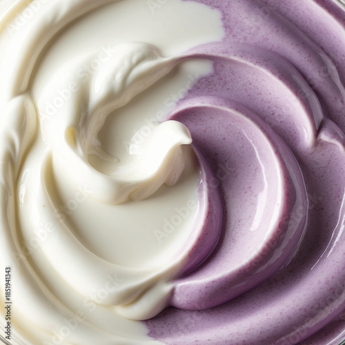 White creamy yogurt and purple blueberry yogurt. Healthy breakfast meal