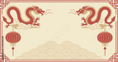 Chinese New Year Frame with Red Dragon Silhouettes and Hanging Lanterns