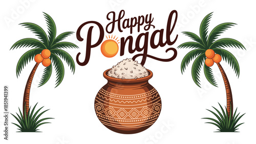 Happy Pongal harvest festival illustration with traditional clay pot, rice and coconut trees celebrating south indian culture on white background