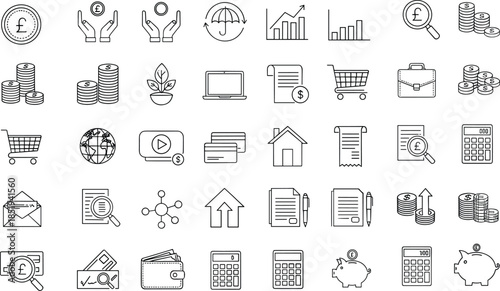 Finance icons, editable stroke, economy sketch, business outline, black and white, vector illustration