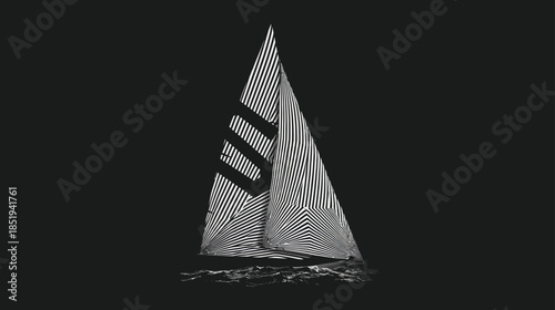 Minimalist Line Art Sailboat Illustration on Dark Background. Modern Graphic Design of a Yacht on Water, Monochrome Vector Style.