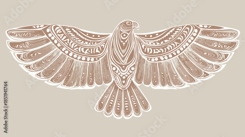 Stylized flying eagle illustration with intricate tribal patterns and spread wings, ornate decorative bird art on a muted background