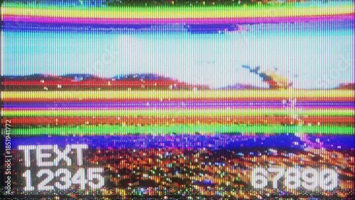 4K CRT glitch data screen animation, horizontal RGB color bands and analog signal noise, numeric text overlays and scanlines, distorted broadcast style display, corrupted interface visuals