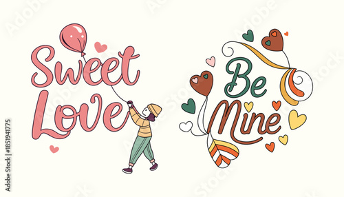 Watercolor sweet love be mine illustration with balloons and hearts for valentine s day