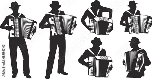 Accordion player silhouettes performing folk music, street musician poses with accordion instrument, black figures isolated, cultural music illustration