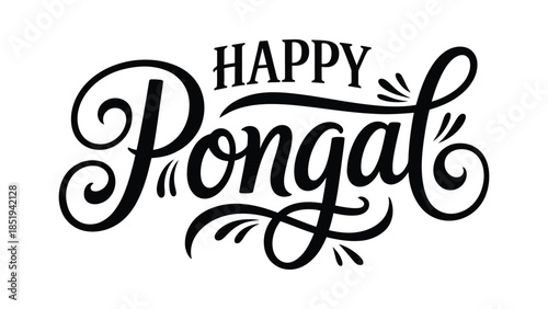 Happy Pongal hand lettering typography design with elegant calligraphy style isolated on white background for south indian harvest festival