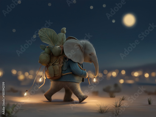 Cute Fantasy Creature and elephant Under Night Sky With Moonlight