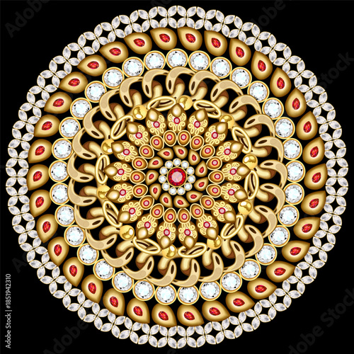 Mandala brooch jewelry, design element.  Geometric vintage ornamental background.