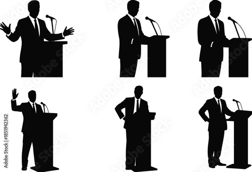 Business leader silhouette speaking at podium, political speech concept, public speaking, election campaign, leadership communication, isolated black vector illustration