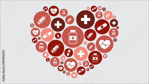 A heart shape formed by various medical icons like crosses, syringes, pills, and band-aids, symbolizing health and care.