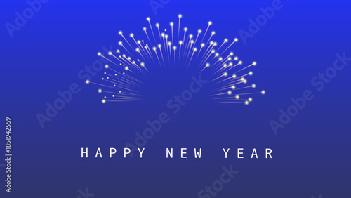 A blue background with white fireworks and "HAPPY NEW YEAR" text, celebrating the new year.