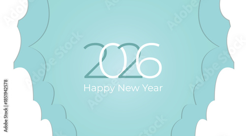 Elegant teal background highlights the year 2026 and a Happy New Year greeting, perfect for cards, banners, and social posts. Clean typography and festive mood for winter celebrations.