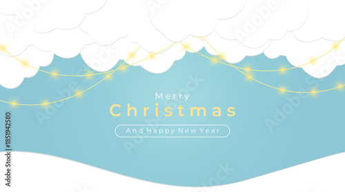 Bright blue backdrop with clouds and warm string lights creating a festive mood. Perfect for holiday cards, banners, and seasonal promotions celebrating Christmas and the New Year.