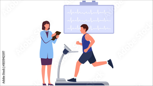 Medical professional monitoring a man performing a cardiac stress test on a treadmill with ECG display.